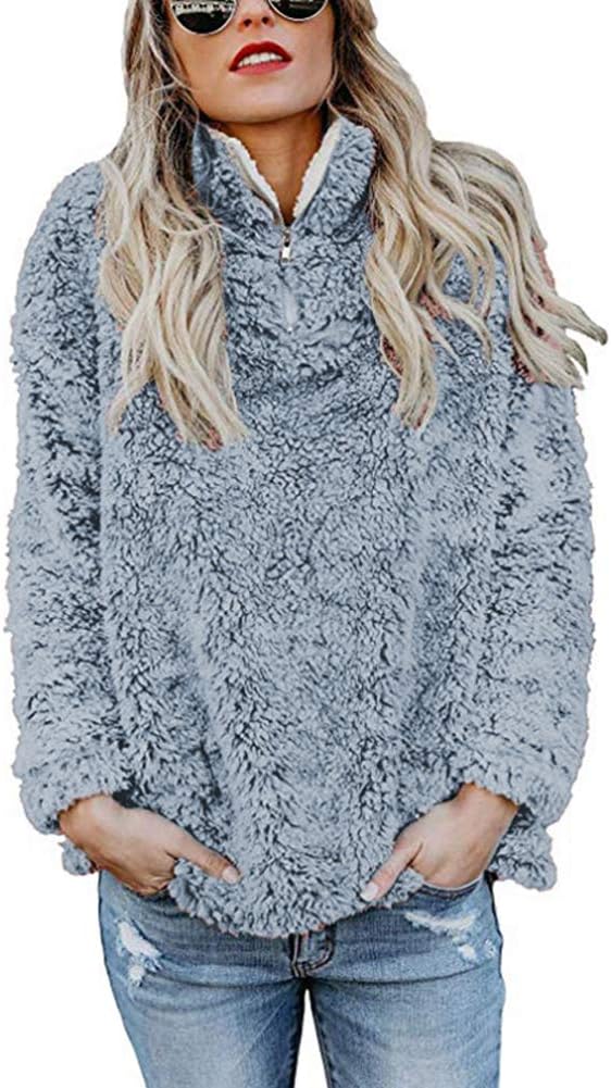 Women Long Sleeve Pullover Jumper Zipper Fleece Top Sweaters