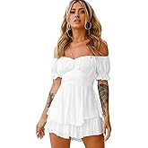 Womens Off Shoulder Boho Short Romper Ruffle Chiffon Tie Waist Shorts Jumpsuit Playsuits