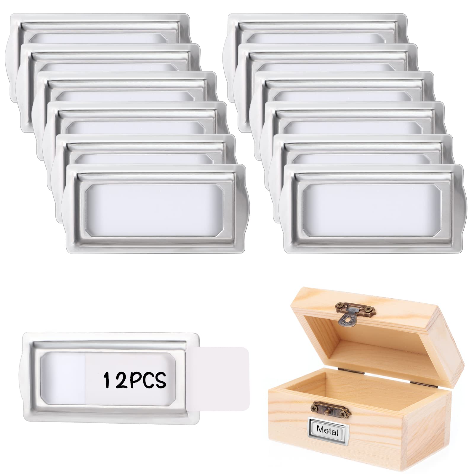 Photo 1 of 12 Pcs Self Adhesive Metal Bookplates for Books Card Horizontal Clip Label Holders Metal Drawer Tag Silver Label Plate for Office Library Book File Cabinet Drawer Tag Teacher School Classroom
