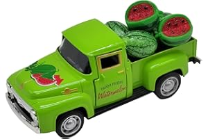 YimiBloss Watermelon Decor Mini Vintage Green Metal Pickup Truck with 6 Realistic Resin Mini Watermelons, Rustic Farmhouse Tiered Tray Decor for Kitchen Table, Happy Summer Party Home Decoration