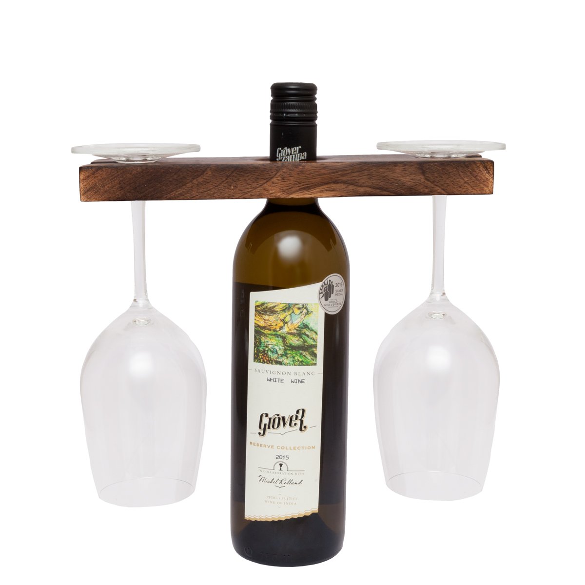 GoCraft Handmade Antique Wood Wine Bottle & Glass Holder – Rustic Countertop Stand for 1 Bottle & 2 Glasses – Vintage Wine Caddy for Home Bar, Kitchen, and Dining Room Décor