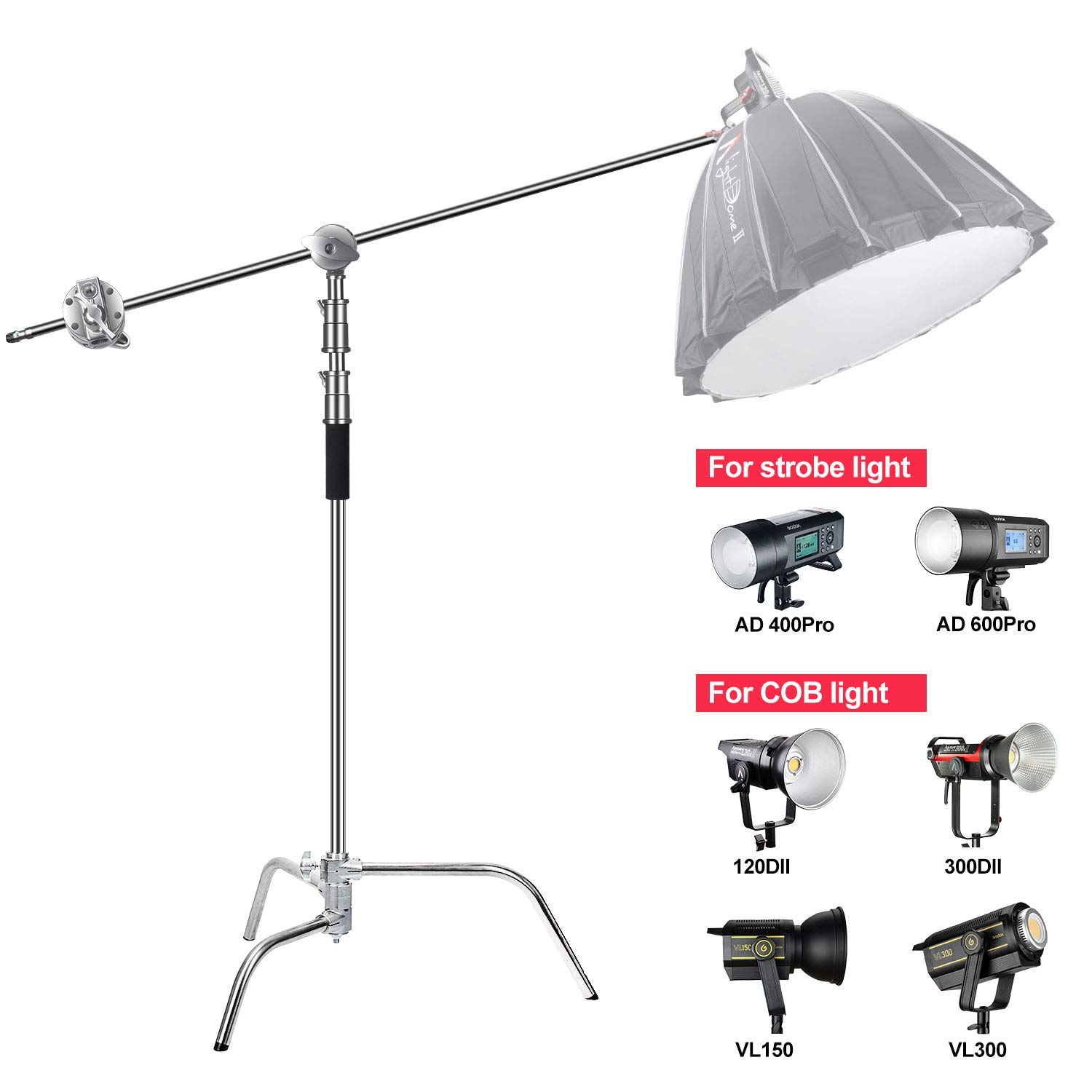 EACHSHOT C Stand Heavy Duty 100% Metal Max 10.8ft/330cm w/Holding Arm Light Stand cStand w/Boom Arm 2 Pcs Grip Head for Godox Aputure Amaran Nanlite Photography Photo Studio Video Reflector Monolight