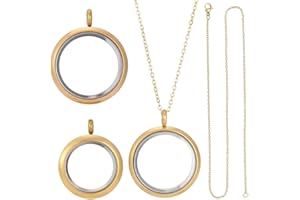 CRAFTYMELODY 2 Set Memory Locket Pendant Necklace Stainless Steel Floating Charm with Glass Round Clear Photo Frame Charms Fl