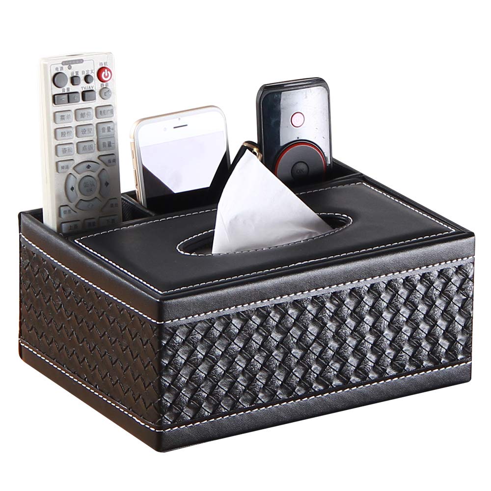 Multi-Functional Tissue Box Cover Rectangle, Leather Decorative Napkin Dispenser Organizer Caddy with 3 TV Remote Control Holder Compartments for Bathroom, Modern Office Desk Decor and Accessories