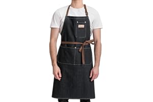 ROTANET Denim Work Apron with 3 Pockets Jean Shop Aprons for Chef Hairstylist Kitchen Woodworking for Men Women Blue Black