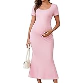 MARI GABRIEL Womens Maternity Dress Bodycon Fitted Stretchy Ribbed Mermaid Midi Summer Pregnancy Dresses for Wedding Guest