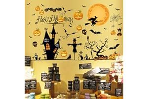 LOZACHE Happy Halloween Removable Wall Stickers Window Clings Art Decoration Vinyl Witch Bats Pumpkin Decals for Home Decor Indoor Outdoor