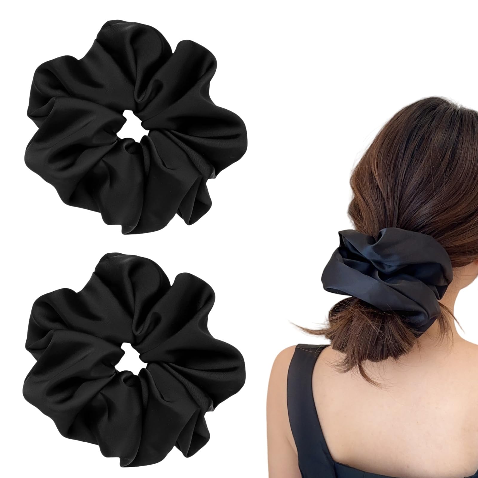 View 1 of 2 Pieces Jumbo Satin Silk Scrunchies for Women 7.5 Inches Large Oversize Scrunchies For Thick Hair Ties Hair Ornament (2 Black)