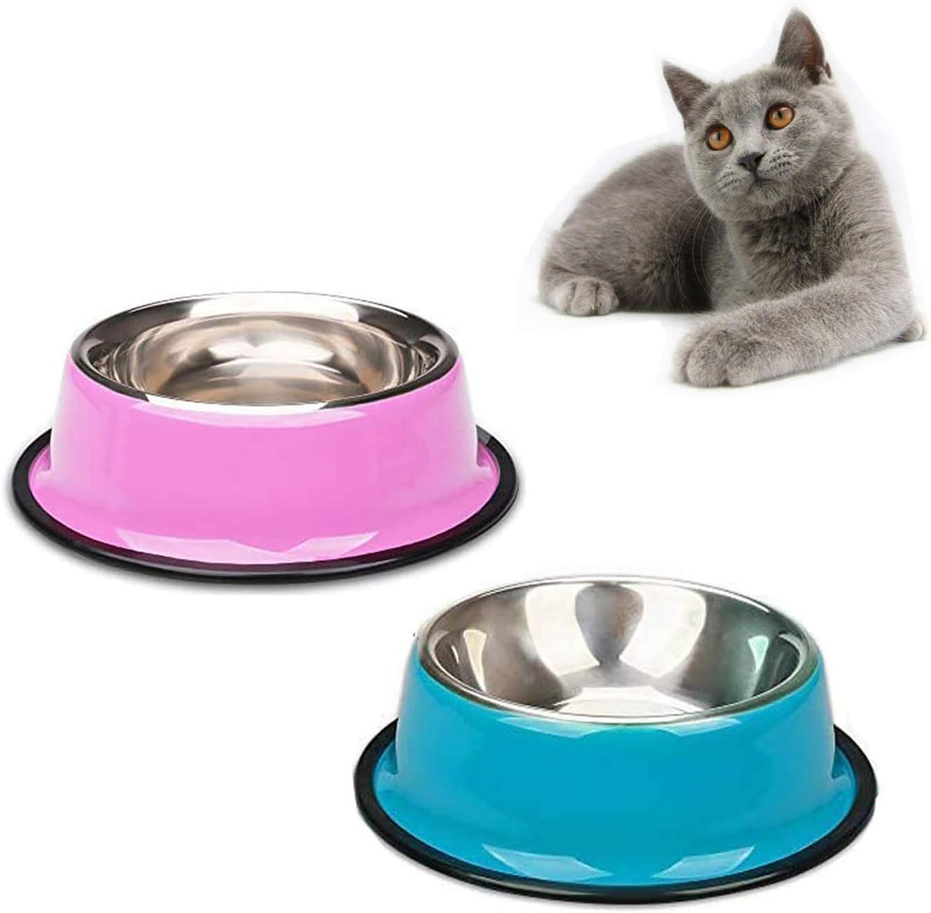 2 Stainless Steel cat bowl, colorful cat food bowl With Nonslip Rubber Bases, Puppies and Cats