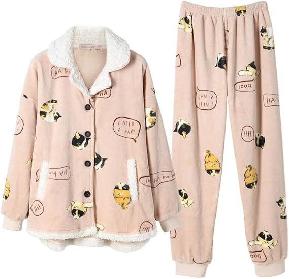 Amazon パジャマ レディース ルームウェア 秋冬 もこもこ 猫柄 英語柄 かわいい おしゃれ 厚手 裏起毛 長袖 部屋着 保温 発熱 おそろい 上下セット ゆったり 柔らか ふわもこ 暖かい 便利服 パジャマ ルームウェアセット 通販