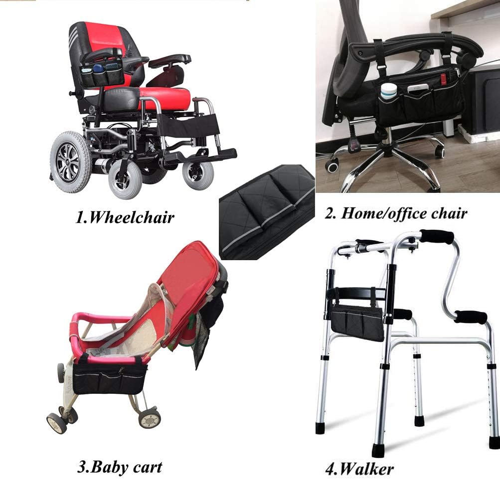 Wheelchair Armrest Accessories, Side Bags to Hang on Side with Bright Line Waterproof Black Walker Storage Pouches for Home/Outdoor/Baby Cart (Black Side): Health & Personal Care