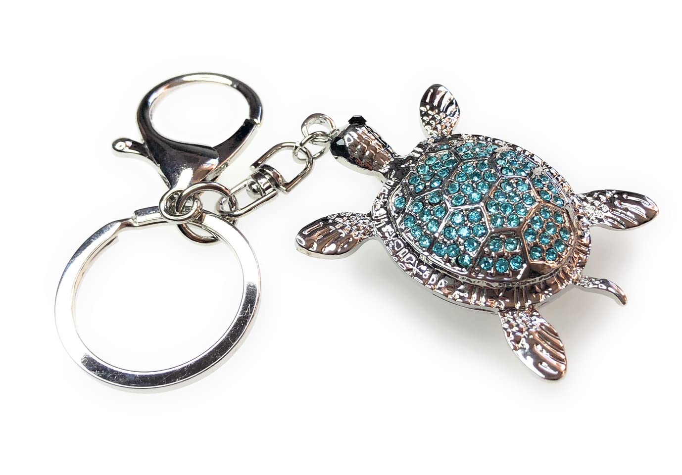 FizzyButton Gifts Turtle Tortoise keyring key ring and lobster clasp with silver tone turquoise rhinestone charm