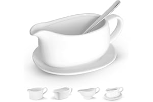 Kook Gravy Boat & Saucer, Ceramic Serving Dish, Dispenser with Tray for Sauces, Dressings and Creamer, Large Handle, Microwave and Dishwasher Safe, White 23.8 oz (Gravy Boat with Spoon)