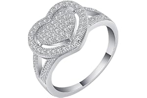 GUIDECUN Dainty Women's White Gold Plated Pavé-Set Cluster White Cubic Zirconia Love Heart-shaped Wedding Promise Rings