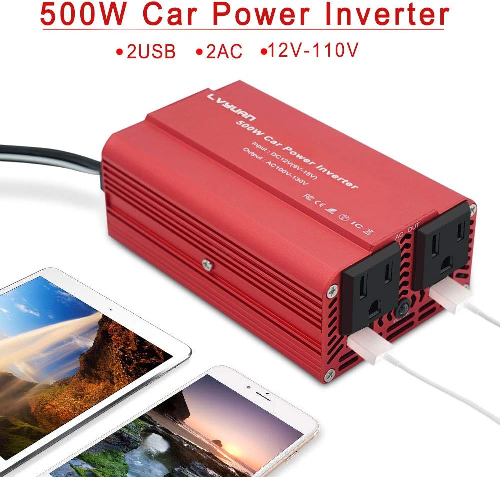 LVYUAN 500W Power Inverter DC 12V to 110V AC Car Inverter with 3.1A Dual USB Car Adapter: Car Electronics