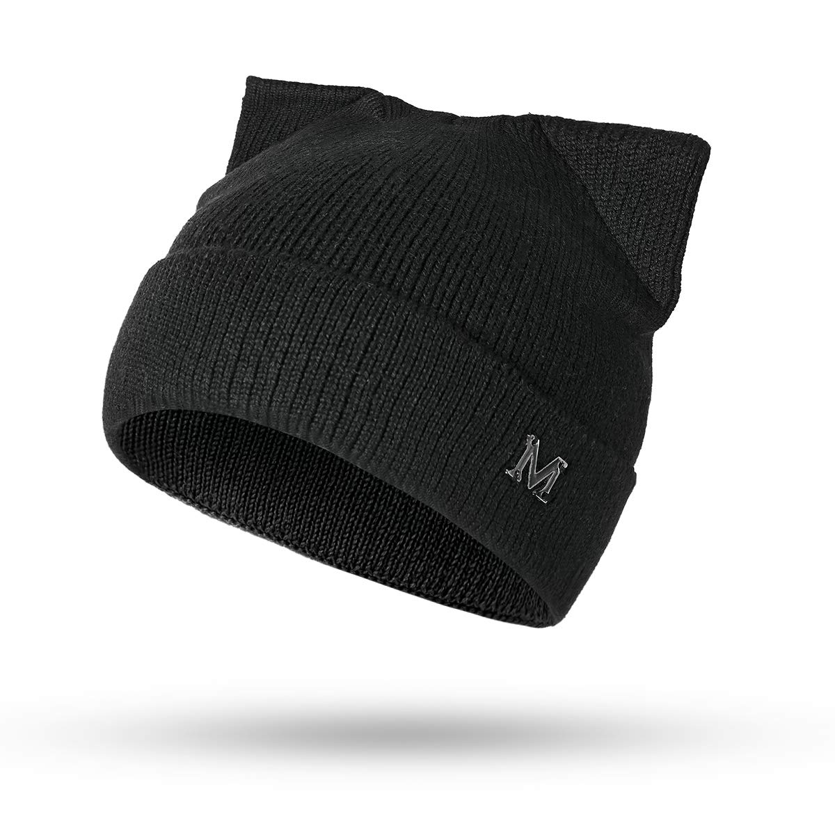 Flowomen Womens Winter Hat Cat Ear Hat with Warm Knit Crochet Slouchy Beanie Hat for Women (Black)