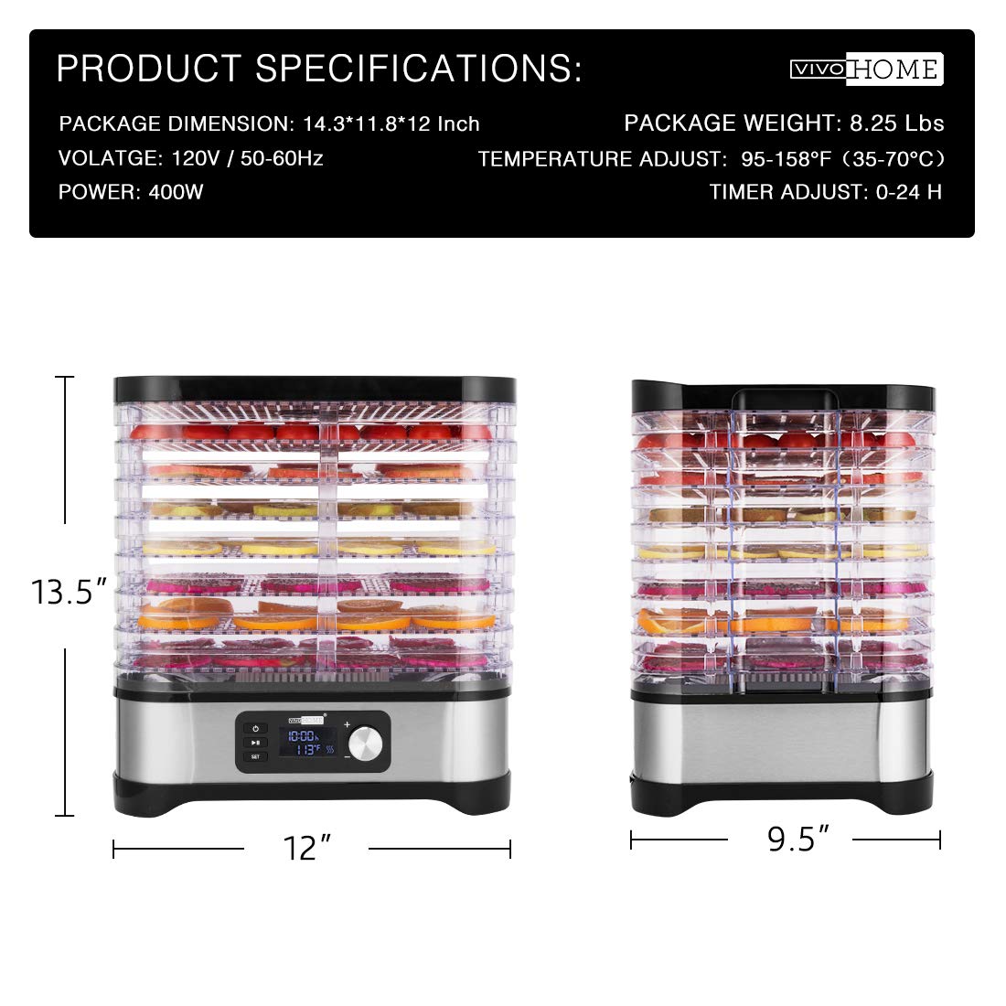 VIVOHOME Electric 400W 8 Trays Food Dehydrator Machine with Digital Timer and Temperature Control for Fruit Vegetable Meat Beef Jerky Maker BPA Free
