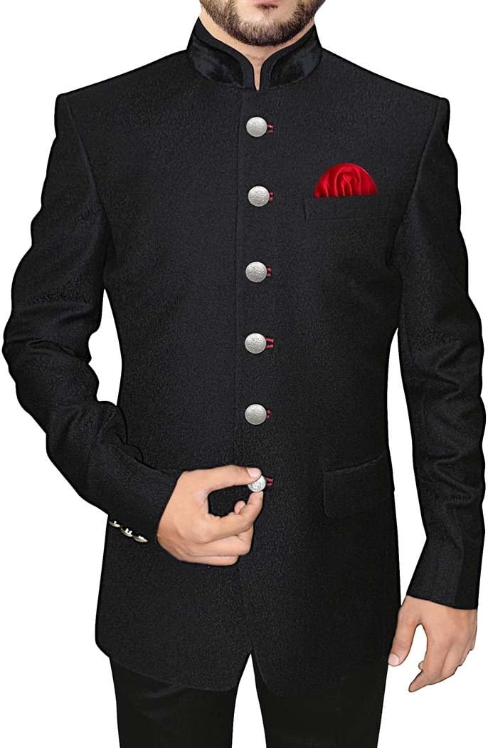 INMONARCHMens Black Printed Polyester 3 Pc Jodhpuri Suit 6 Button JO455
