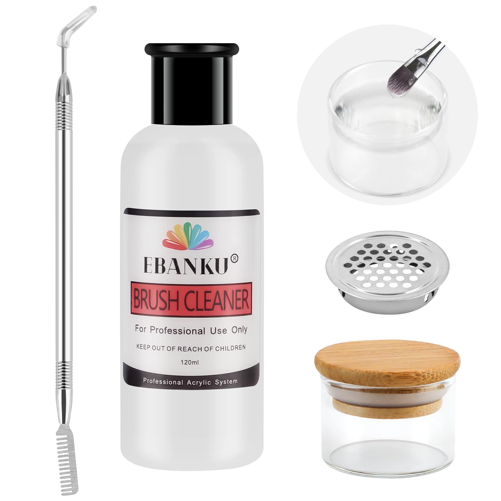 Photo 1 of EBANKU 120ml Acrylic Nail Brush Cleaner, 3 in 1 Nail Art Brushes Conditioner Nail Brush Clean Solution Quickly Clean With Glass Cup and Scrub Brush for Solid Gel Polish/Nail Extension Gel