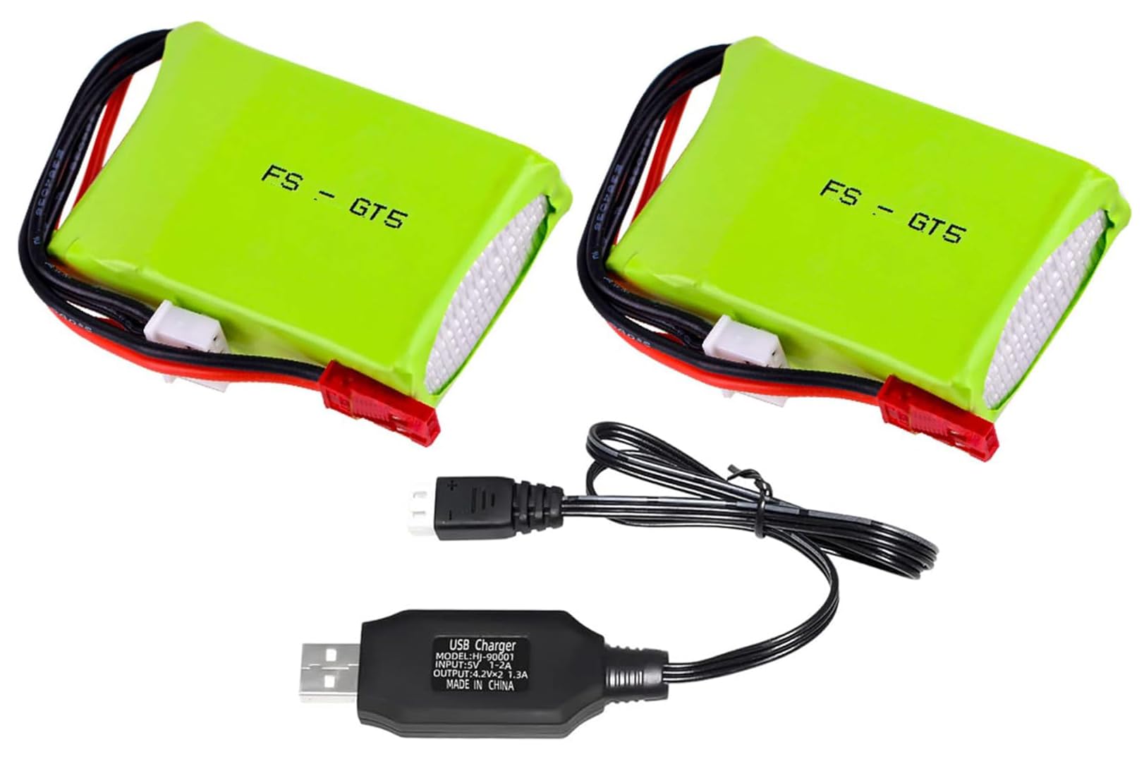 Yangers 2 Pack 7.4V 2S 1500mAh Lipo Battery RC Rechargeable Batteries Pack JST Plug Connector with USB Charger Set Suitable for Flysky FS-GT5 FS-G7P Transmitter Car Toys