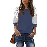 ReachMe Women's Casual 3/4 Sleeve T Shirts Crewneck Striped Raglan Sleeve Tee Shirts Loose Fit Blouses