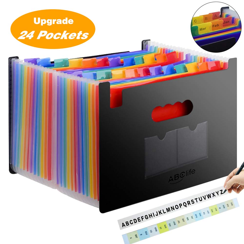 Expanding File Folder - ABC Life 24 Pockets Portable Rainbow A4 File Organiser Self Standing Accordion Document Wallet Business Filing Box High Capacity Storage Bag for Home & Office & School