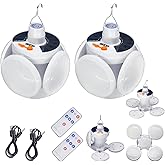 [4000mah] Folding Solar Camping Lights Rechargeable Lantern Waterproof Hanging Tent Hook Lamp Remote Control Blub LED USB Foldable Portable for Home Indoor Outdoor Emergency Power Outage 2 Pack