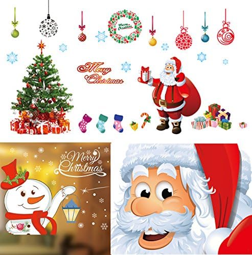 BQUQO Christmas Santa Window Sickers Removable Christmas tree Snowflakes Clings Winter Decal DIY Wall Window Door Mural Decal Sticker for Showcase (3 Sheets: Santa Claus + Christmas Tree + Snowman)
