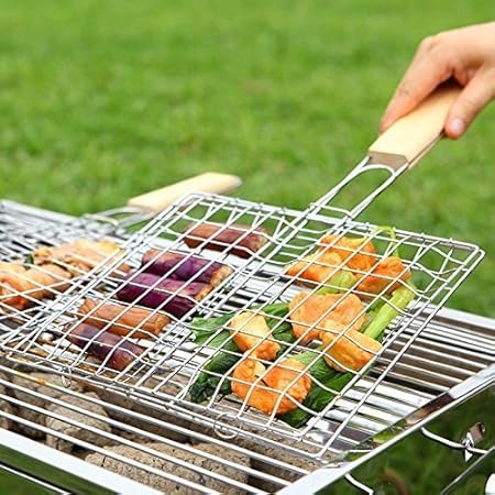 VelKro Chromium Plated Stainless Steel Barbecue BBQ Grill Net Basket with Wooden Handle