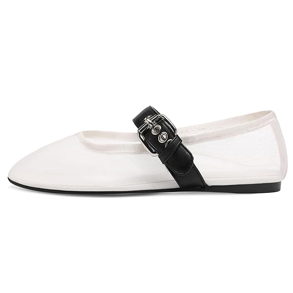 VOLEECE MESH BALLET FLATS FOR WOMEN BUCKLE STRAP ROUND TOE MARY JANE FLATS SLIP ON COMFORTABLE CASUAL DRESS BALLERINA SHOES(WHITE,8)