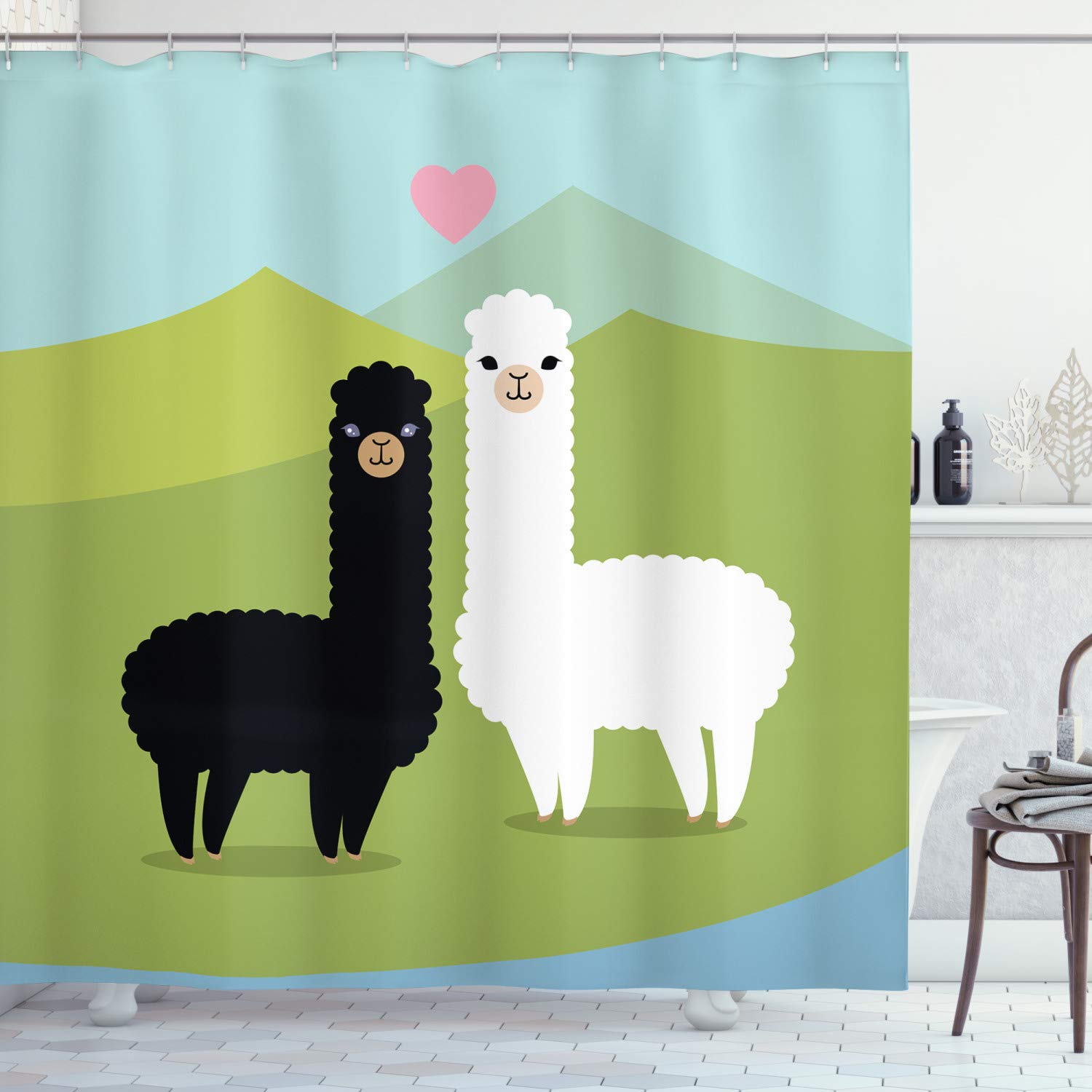 ABAKUHAUS Llama Shower Curtain, Alpacas in Love at the Mountains Argentina Fauna Animals Contrasting Colors, Cloth Fabric Bathroom Decor Set with Hooks, 86 Inches Extra Long, Multicolor