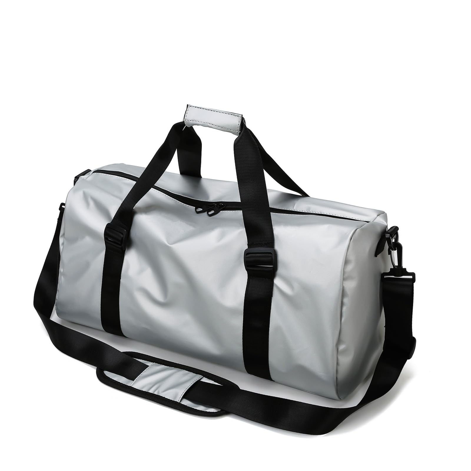 Gym Sport Bag Men Women, Travel Duffle Bag with Shoes Compartment and Wet Pocket, Big Capacity Weekend Overnight Bag with Shoulder Strap for Gym Sports Travel Swimming Camping (Silver)