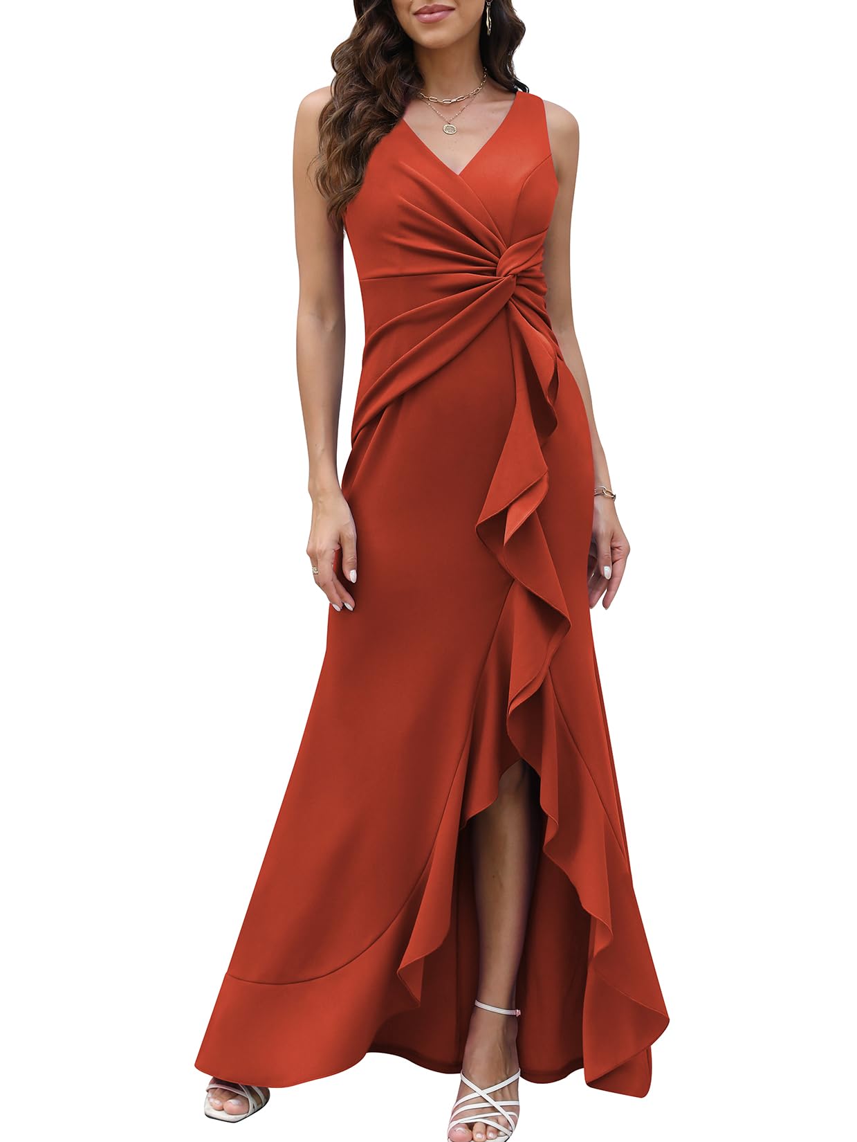 Photo 1 of FQA Formal Evening Dresses for Women Elegant Evening Party Prom Dress Long Sexy V Neck Sleeveless Split Wrap Red