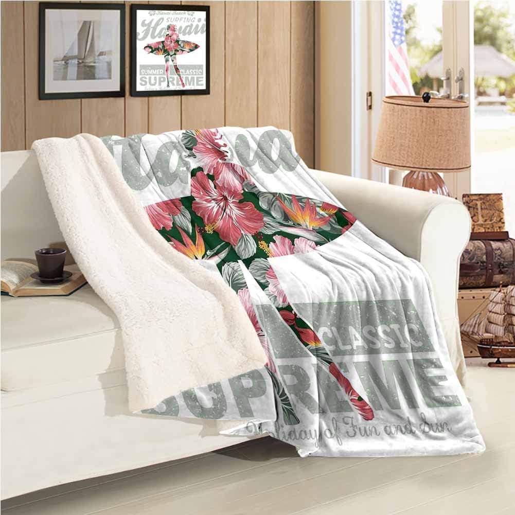 Hawaiian Winter Quilt Throw Size Tropical Hawaii Hibiscus Surfing Girl Silhouette Surfboard Retro Themed Artprint Soft Blanket Microfiber Coral Green