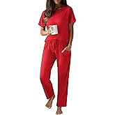 Ekouaer 100% Cotton Pajama for Women Short Sleeve Pj Top With Long Pants 2 Piece Lounge Set with Pocket