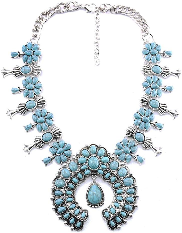 Olsen Twins Boho Chic Stone Squash Blossom Necklace, Vintage Silver Bohemian Turquoise Statement Necklace Costume Jewelry