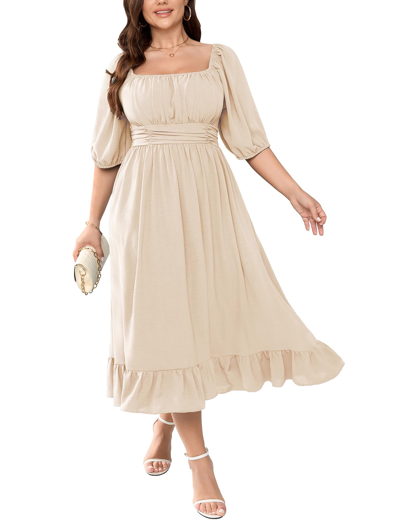 Photo 1 of Women's Plus Size Maxi Dress Summer Half Lantern Sleeve Square Neck Smocked Flowy A-Line Elegant Wedding Guest Dresses Beige
