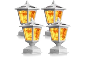 BlueYang Solar Post Flame Light,Outdoor Deck Fence Post Cap LED Light,Waterproof 4x4 5x5 6x6 White Post Top Solar Powered Light with Flickering Flame for Garden Outside, 4 Pack