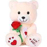 Chalyna 10 Inches Bear Stuffed Animal Gift Bear Toy with Rose Plush Stuffed Animal with Heart Rose Ositos Cariñositos Peluches for Girlfriend, for International Women's Day
