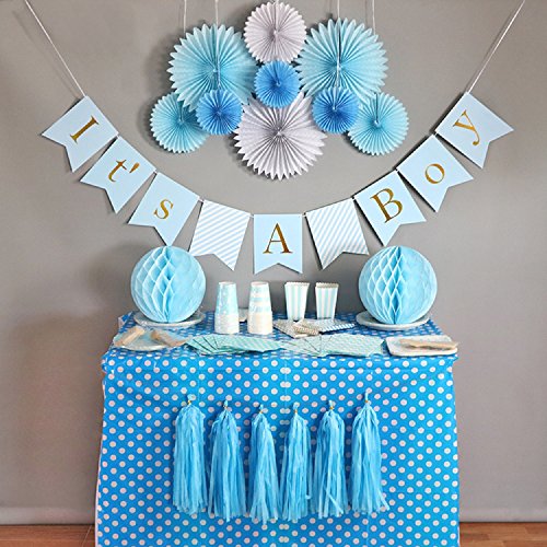 Baby Shower Decorations for Boy, It’s A Boy, Banner, Tissue Paper, Fans, Honeycomb Paper Balls, Tassels, Blue, 13pcs., Gold Foil, Hanging, Party Supplies, Indoor/Outdoor