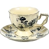 CALLARON Vintage Blue Floral Porcelain Coffee Cup and Saucer Set 8 Oz Ceramic Teacup with Decorative Design for Home Cafe Restaurant Use