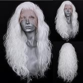 RDY 24" White Lace Front Synthetic Wig Loose Water Wave Heat Fiber Hair Natural Looking Long Wavy Lace Front Wigs for Women Half Hand Tied Wig Cosplay Daily Use Hair