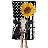 WZOMT American Flag Cow Sunflower Beach Towel Microfiber Black and White Yellow Floral and Cows Print Bath Towel for Kids Adults, Quick Dry Sandproof Surf/Swim/Pool Towels, Oversized 32"x52"