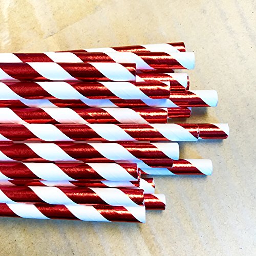 Foil Paper Drinking Straws Red Stripe - 7.75 Inches - 100 Pack - Outside the Box Papers Brand - Thumbnail 2