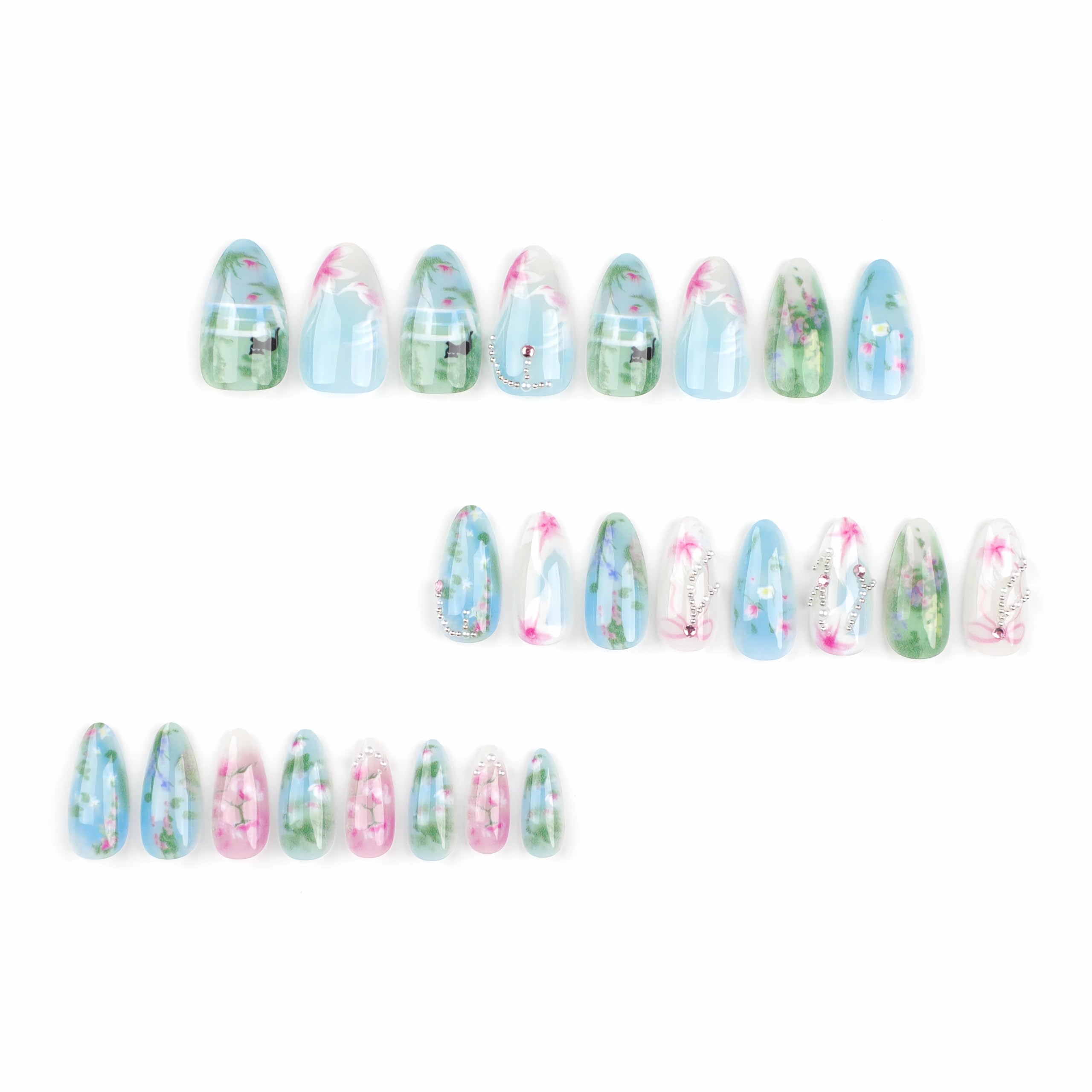 BABALAL Almond Press on Nails Medium Blue Green Fake Nails Bow Glue on Nails Cute Cat Flower Design Acrylic Nails 24Pcs Stiletto Handmade Full Cover False Nails - Image 4