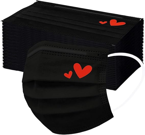 50PCS Black Disposable Breathạble Face_Mask with Hearts Designs, 3 Ply