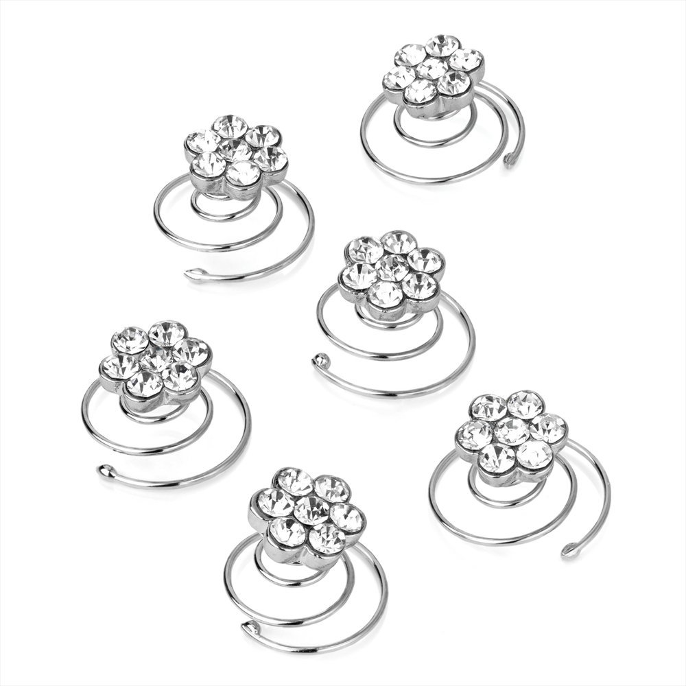 Set Of 6 Clear Crystal Flower Design Silver Hair Twist Coils
