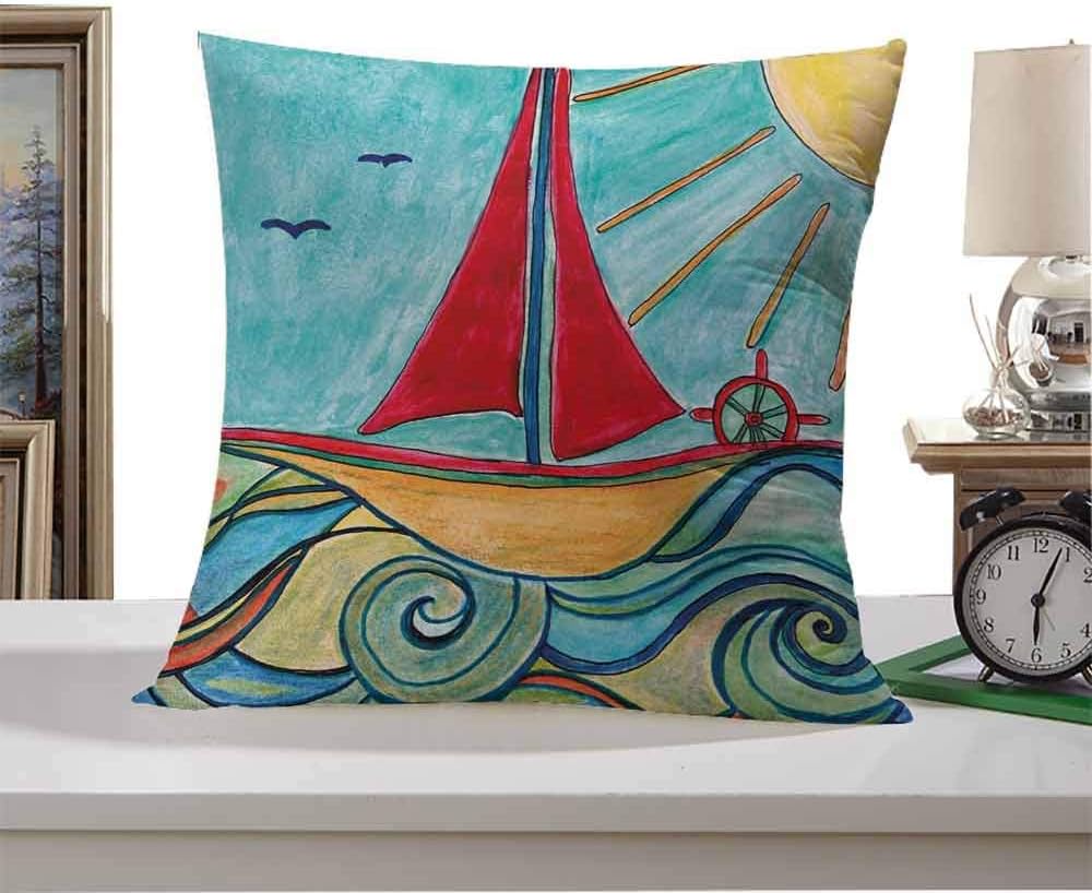 SKDSArts Polyester Square Form Decorative Pillow Art,Baby Boy Paintings Ship in The Waves of Ocean Sun Kids Girls Nursery Picture,Teal Red Earth Yellow 18"x18",Various Print Fashion Patterns