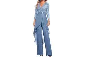 Mother of The Bride Pants Suit Set 2 PC Chiffon & Lace Wedding Guest Outfit with Rhinestone 3/4 Sleeves