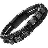 COOLSTEELANDBEYOND Mens Double-Row Braided Leather Bracelet Bangle Wristband with Black Stainless Steel Ornaments